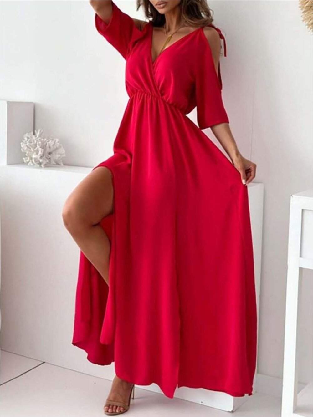 Women's Slit Cold Shoulder Maxi Dress Beach Vacation Summer Resort
